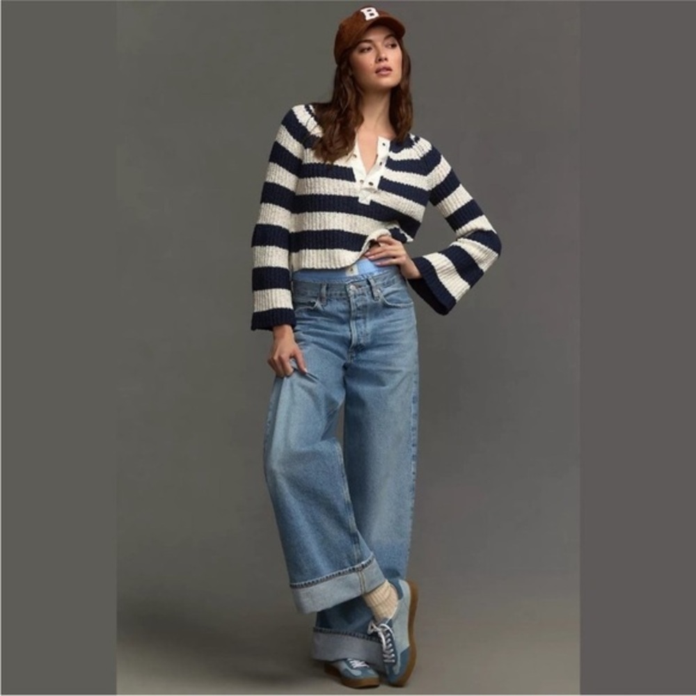 Anthropologie Rugby Striped Knit Henley Bell Sleeve Sweater XL